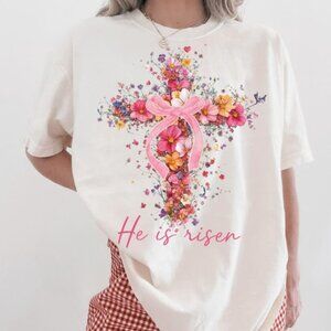 Easter He Is Risen T-Shirt, Floral Cross Christian Shirt